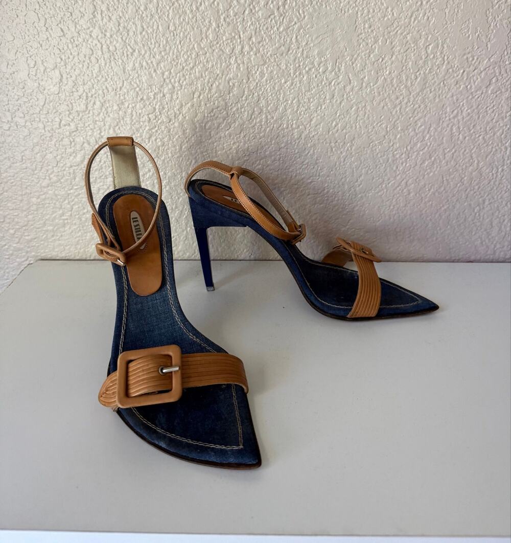 Le Silla Italy Denim Buckle Slingback Pointed Toe Heels Size 38